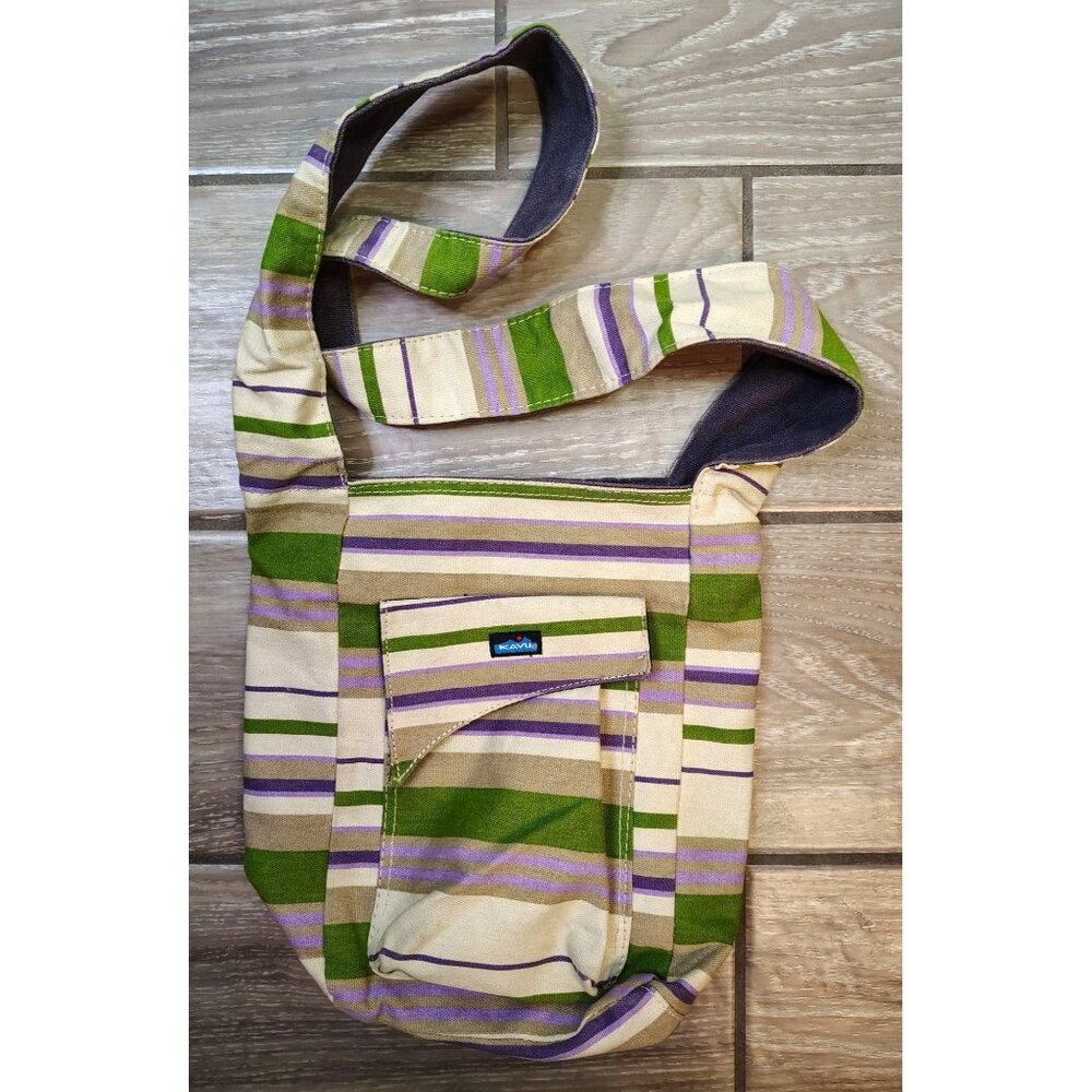 Kavu Crossbody Shoulder Bag, Purple Green Tan Cream Stripe, Boho Festival
